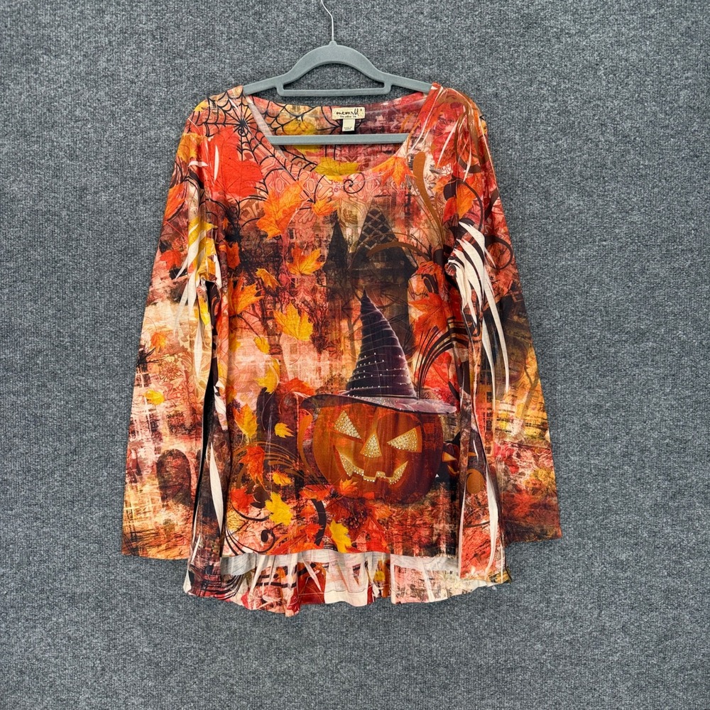 One World Tunic Top Women Small Orange Halloween Pumpkin Rhinestone Fall Autumn
